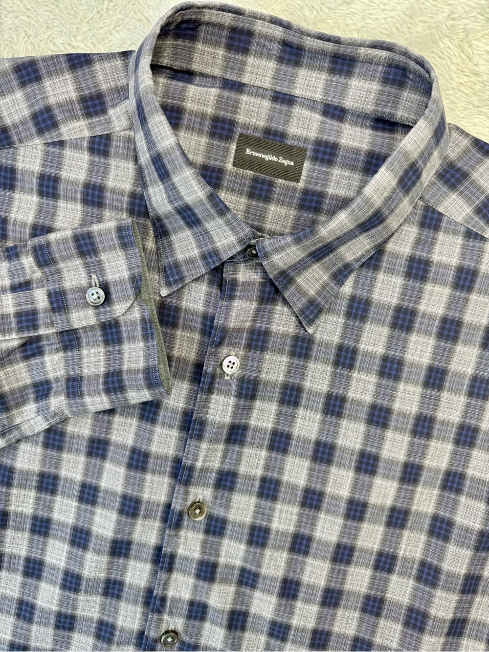 Ermenegildo Zegna Men’s XXL Gray Navy Plaid 100% Cotton Button Down Shirt